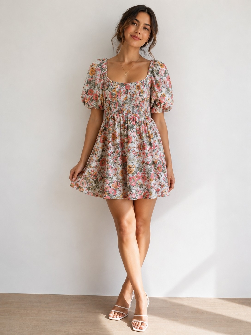 Smocked Puff Sleeve Floral Mini Dress - Pink Multi